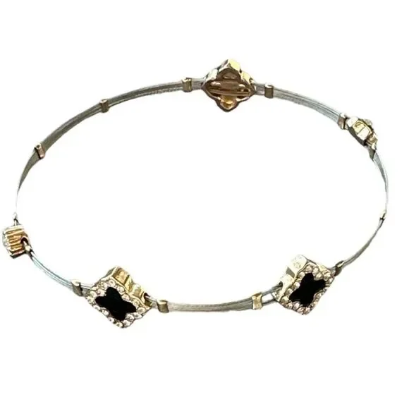 Black clover silver cable gold crystal 5 bands bangle bracelets - Picture 8 of 10